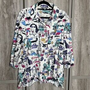 Habitat Top Crinkled Paris Sketch Printed Button Up Shirt Size S